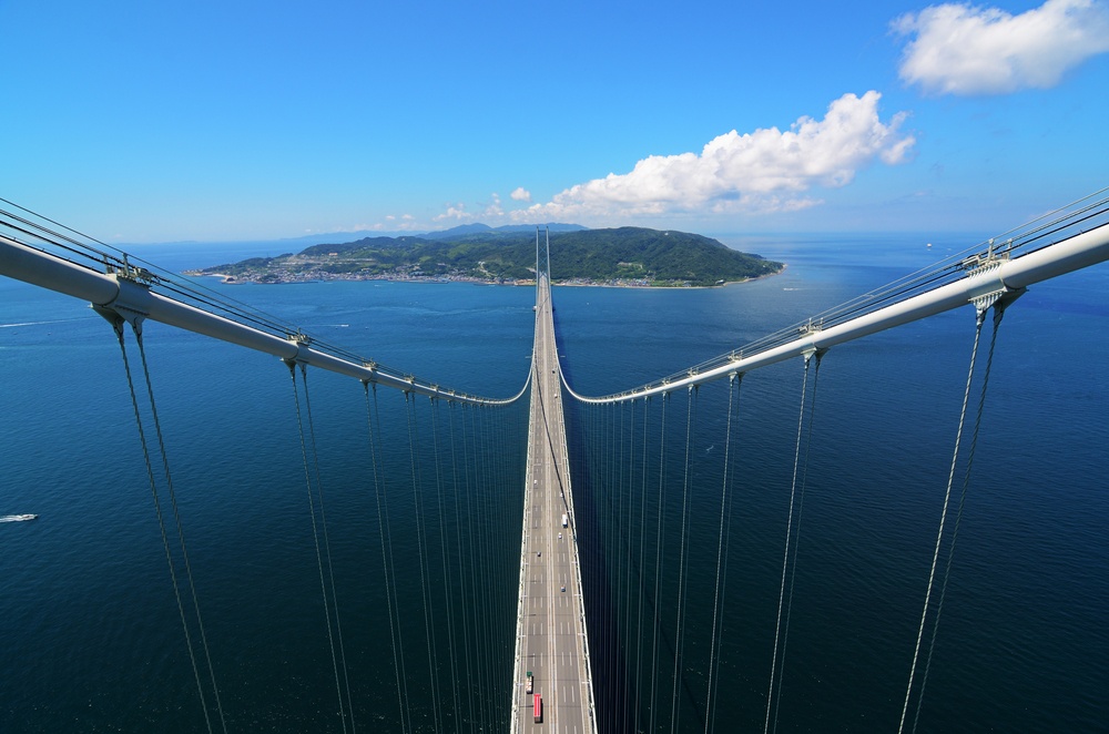 Akashi Kaikyo Bridge in Kobe, Japan looking towards Awaji. Viewed from nearly 300 meters up looking towards the central span, the longest in the World..jpeg